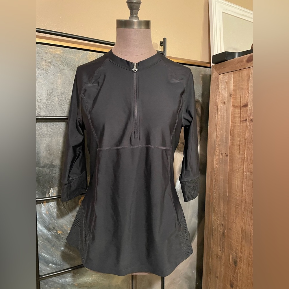 Prana Black Fitted 3/4 Sleeve Mandarin Collar Top